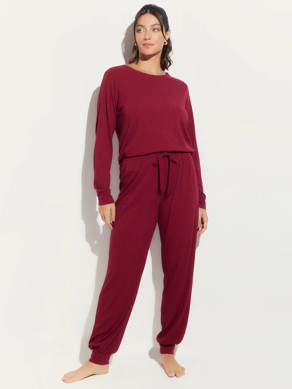 Pijama Longo Manga Longa Malha Canelado Only Love Sangria